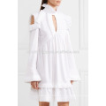 Branco Ruffled manga comprida Cold Shoulder Cotton Verão Daily Mini Dress Fabricação Atacado Moda Feminina Vestuário (TA0004D)
